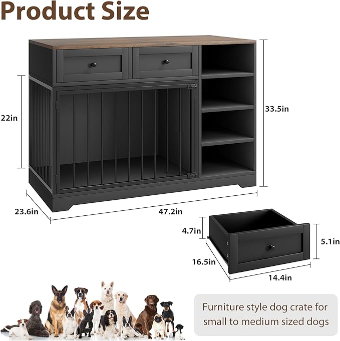 Dog Crate Furniture 47?? Large Dog Crate TV Stand with 2 Drawers and 4 Shelves, Wooden Dog Kennel Indoor, Decorative Dog Cage with Storage for Large Dogs, Black