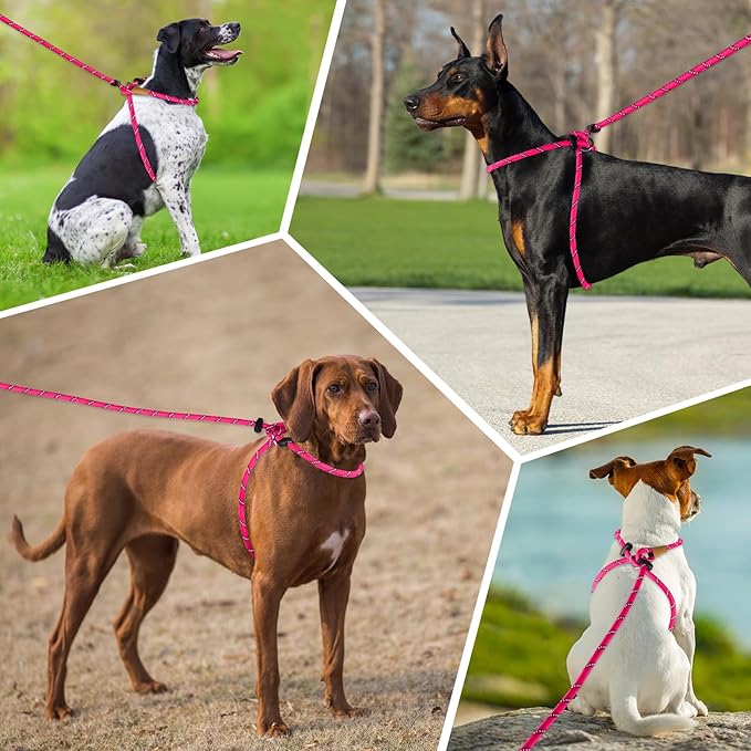 Lynxking No Pull Rope Dog Harness No Pull Reflective Leash Harness Collar 3 in 1 Dog Halter Harnesses Adjustable for Large Giant Dog (Pink, Extra Large(up to 80Ibs) 10ft*1/2")