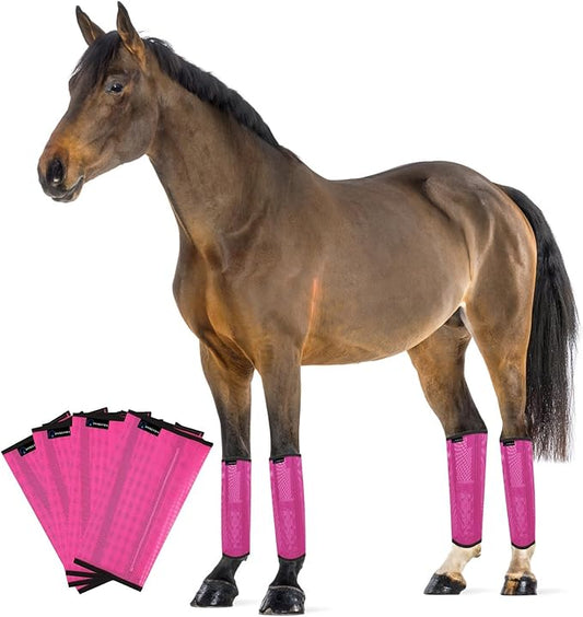 FOXLVDA Fly Boots for Horses Set of 4, Comfortable Horse Leggings, Mesh Material Design with Metal Support Bars for Reduces Stomping & Leg Fatigue (Pink, Medium)
