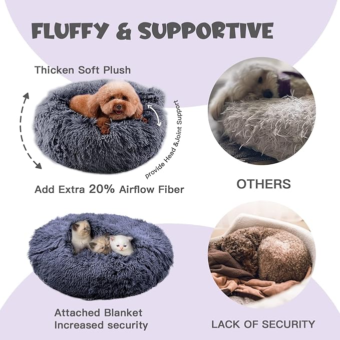 Himax Medium Dog Bed, Round Dogs Beds with Blanket Attached, Comfort Fluffy Calming Dog Bed Washable (20"/26"/35") Deep Grey