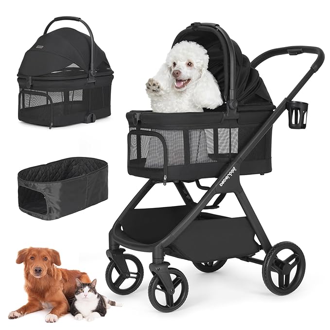 X-5 Luxury Pet Stroller for Medium Dog Under 55lbs or 2 Small Dogs & Cats, One-Touch Folding, Adjustable Handle and Detachable Carrier (Black & Net Wall)