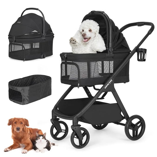 X-5 Luxury Pet Stroller for Medium Dog Under 55lbs or 2 Small Dogs & Cats, One-Touch Folding, Adjustable Handle and Detachable Carrier (Black & Net Wall)