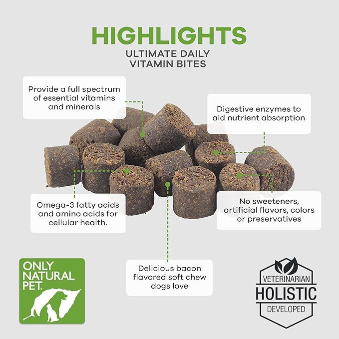 Only Natural Pet Ultimate Daily Vitamins - Complete Multivitamin Supplement for Dogs Balanced Health & Vitality - Senior Small & Large Canine Food Immune Digestive Support -60 Soft Chews (Pack of 1)