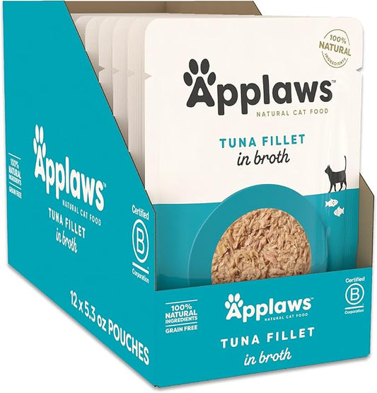 Applaws Natural Wet Cat Food in Broth, Limited and Natural Ingredients, High Protein with No Artificial Additives, Tuna Fillet in Broth (12 x 5.3oz Pouches)