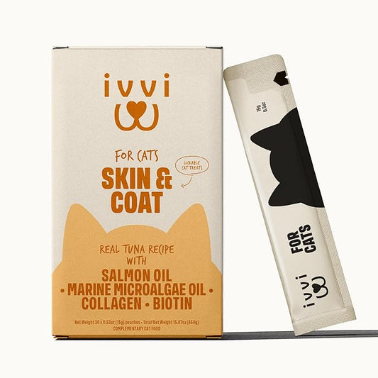 Skin & Coat for Cats – Functional Creamy Snack with Salmon Oil, Algae Oil, Zinc, Collagen & Biotin – Supports Skin and Fur Health – 30 x 0.53 oz Sachets – with Real Tuna
