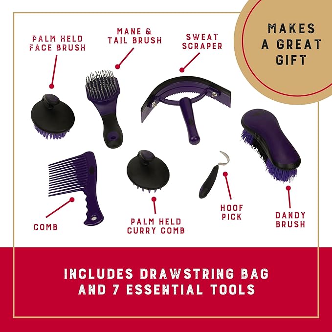 Weaver Leather Horse Grooming Kit, 7-piece Brush Set with Organizer Tote Bag, Equine Care, Horse Track Room Equipment, Grooming Supplies, Purple Geo