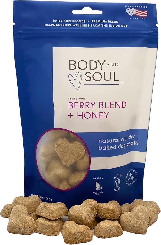 Body and Soul Berry Blend + Honey Crunchy Dog Treats – Superfood Biscuits Baked with Oats, Barley & Quinoa – All-Natural Plant Based Clean Protein, No Additives or Fillers – Made in USA, 10oz