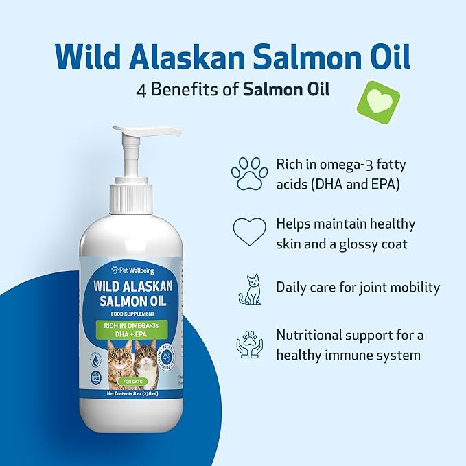 Pet Wellbeing Wild Alaskan Salmon Oil Cats - Omega-3 EPA & DHA Skin, Coat, Joint & Heart Health - NASC Certified & Vet-Formulated - 8oz Pump Bottle