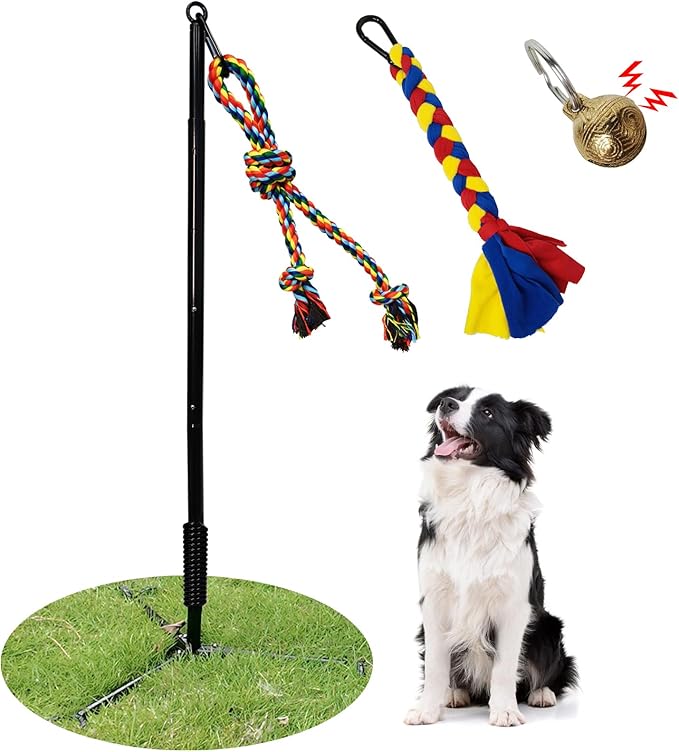Tether Outdoor Dog Toy,Interactive Exercise Game in Yard Park Tug of War for Large Medium Small Dog Puppy with 2 Rope Toy and Bell Pull Chase and Solo Play