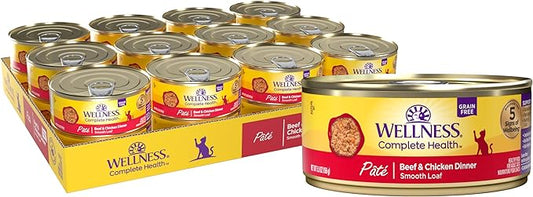 Wellness Complete Health Pate Adult Wet Cat Food, Natural, Protein-Rich, Grain Free, 5.5 Ounce, 24 Pack, (Beef & Chicken)
