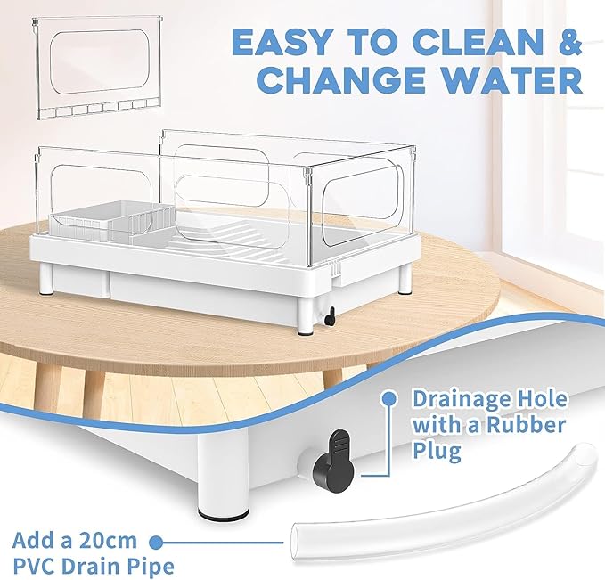 Small Turtle Tank Kit(Tank+Light+Filter), Acrylic Turtle Tank Starter Kit with Basking Platform, Bottom Drainage, Multi-Function Areas for Turtles, Crayfish, Small Reptiles.(White+Black)