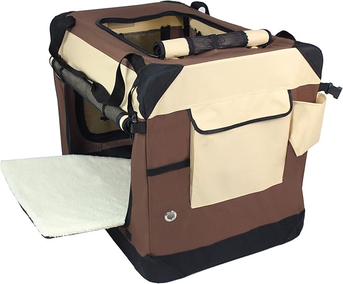 EliteField 4-Door Folding Soft Dog Crate with Curtains, Carrying Bag and Fleece Bed (2 Year Warranty), Indoor & Outdoor Pet Home (36" L x 24" W x 28" H, Brown+Beige)