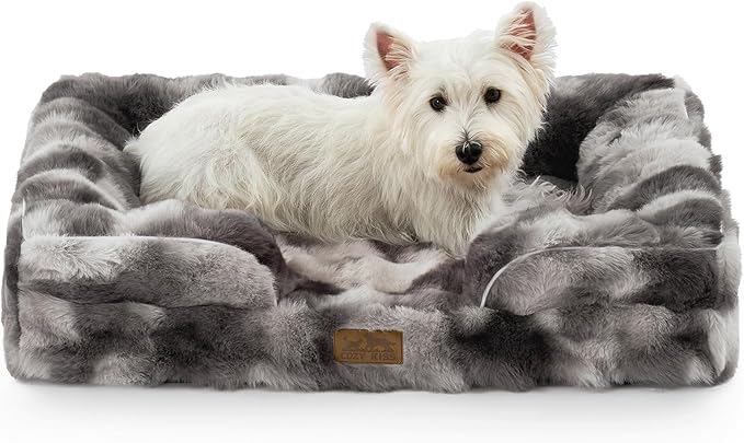 Faux Fur Orthopedic Dog Bed, Pet Couch for Medium Dog, Big Supportive Foam Bolster Sofa with Waterproof Lining Cover, Anti-Slip, Soft, Warm, Washable, C-Shaped, 30x20x6.5 inch, Tie-dye Grey
