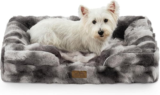 Faux Fur Orthopedic Dog Bed, Pet Couch for Medium Dog, Big Supportive Foam Bolster Sofa with Waterproof Lining Cover, Anti-Slip, Soft, Warm, Washable, C-Shaped, 30x20x6.5 inch, Tie-dye Grey