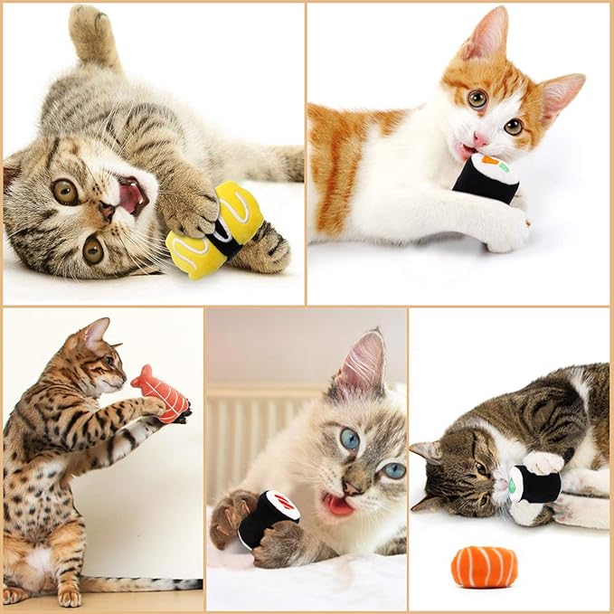 CiyvoLyeen 6 Pack Sushi Cat Toys with Catnip Sushi Roll Pillow Kitten Chew Bite Supplies Boredom Relief Fluffy Kitty Teeth Cleaning Chewing Cat Lovers Interactive Plush