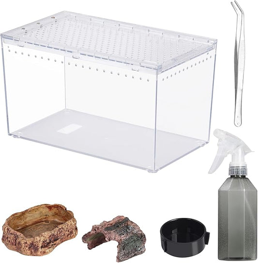 Reptile PC Terrarium 10.2" x 5.9" x 5.7" Full View Reptile Aquarium Tank Starter Kit for Insect Plant Gecko Spider Habitat Amphibians Enclosure with Hide Cave Feeding Bowl