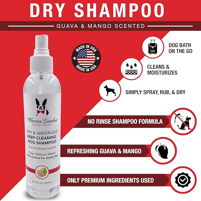 Warren London Dry & Waterless Shampoo for Dogs & Pets- No Rinse Dog Shampoo- Dog Dry Shampoo for Smelly Dogs- Waterless Shampoo Spray for Dogs- Waterless Pet Shampoo- Guava Mango Scent 8oz