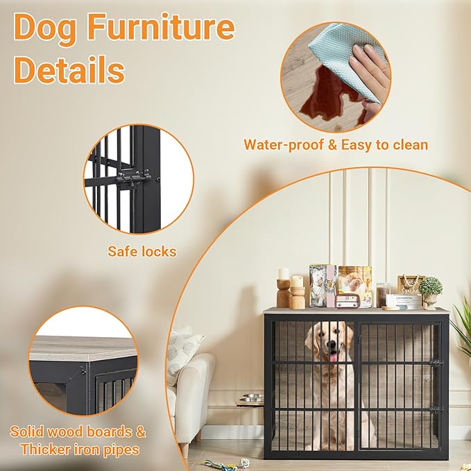 Dog Crate Furniture, 48 Inch Dog Kennel Furniture, Wooden ?�ƒog Crate Furniture Large Breed with Rotating ?˜‹og Bowls, Heavy Duty ?——og Cage Furniture Indoor,Decorative Dogs Crates End Table,Gray