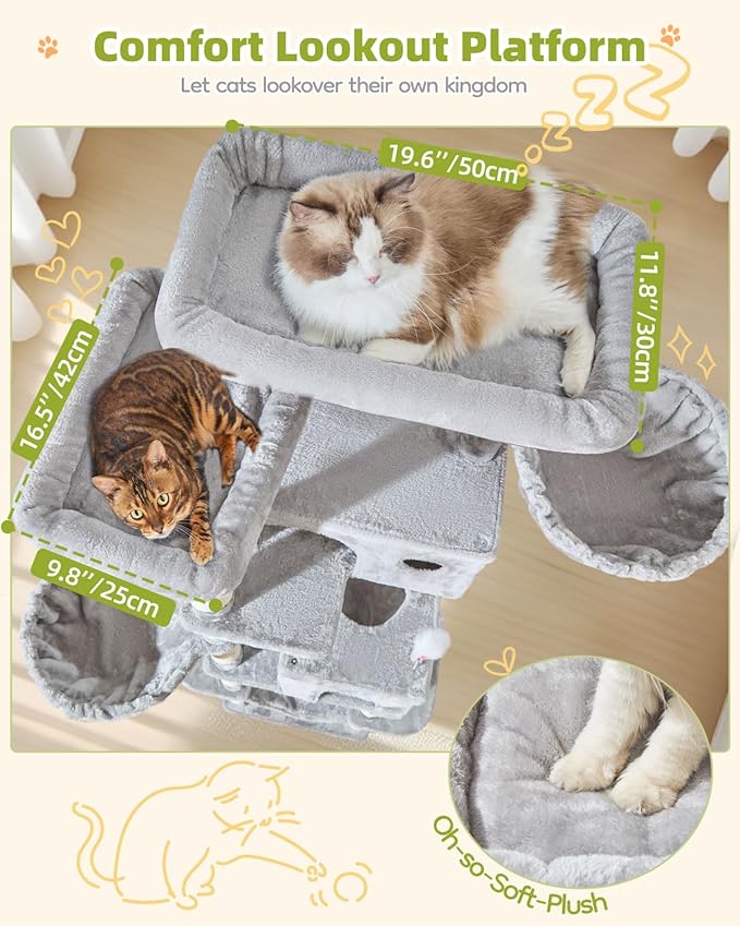 Taoqimiao Tall Cat Tree, 76-Inch Cat Tower with Scratching Posts，Sturdy Cat tree for Indoor Cats Large Adult with 2 Condos, 2 Perches, 2 Hanging Baskets, Hammock, 8 Scratching Posts, MS046W Light Gray