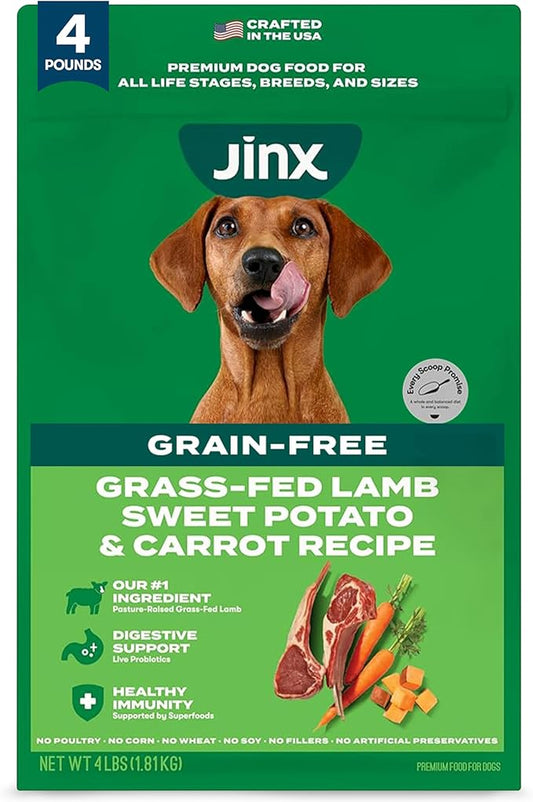 Jinx Premium Grain-Free Dry Dog Food, for All Lifestages - Grass-Fed Lamb, Sweet Potato & Carrot Dog Food with Superfoods for Immune Support & Probiotics for Digestive Support - No Fillers - 4lb