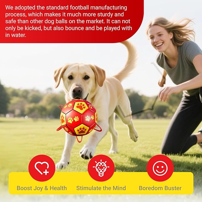 Size 2 Dog Soccer Ball with Straps Durable Training Ball for Pets Interactive Outdoor Dog Toy, Red & Yellow, Paw Prints Design, for Small to Medium Puppies, Pet Supplies