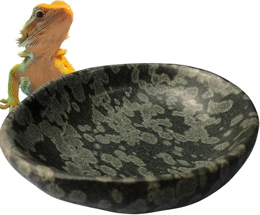 Natural River Stone Reptile Food Bowl - Handmade Pebble Dish for Reptiles, Amphibians, Hedgehogs, and Small Pets - Unique Size, Shape & Color - Water & Food Bowl (Green)