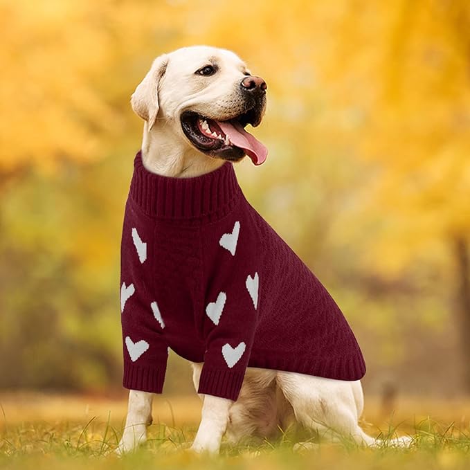 Kuoser Dog Sweater,Thermal Knitted Large Dog Sweaters,Turtleneck Thick Pet Holiday Sweater Dogs Christmas Outfit,Cold Weather Pet Winter Clothes Doggie Knitwear Girl Boy for Fall Xmas,Red L