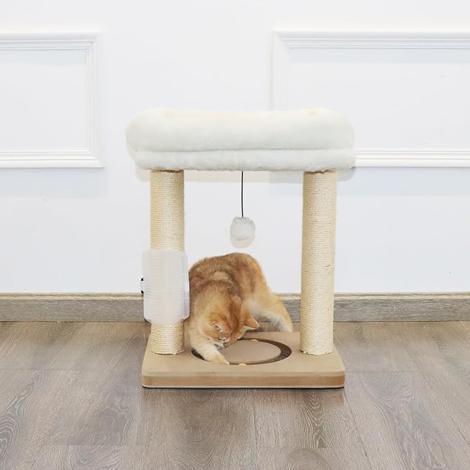Small Cat Tree Tower Scratching Post with Perch Bed for Indoor Cats and Kittens,Track Ball Hanging Ball Toy Self-Massage Brush Beige