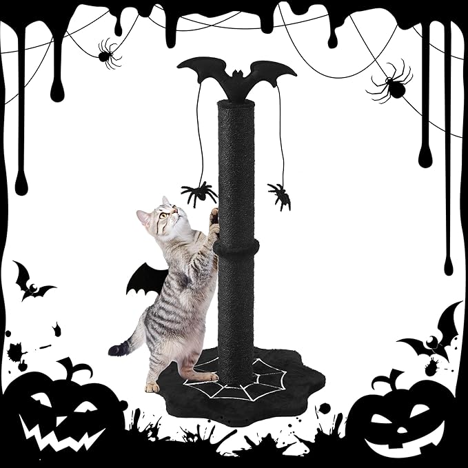 Gothic Cat Scratching Post, Sisal Cat Scratcher with Interactive Hanging Spider Toys, Monster Scratch Pole for Indoor Cats, Halloween Cat Scratch Post for Large Cats, Black
