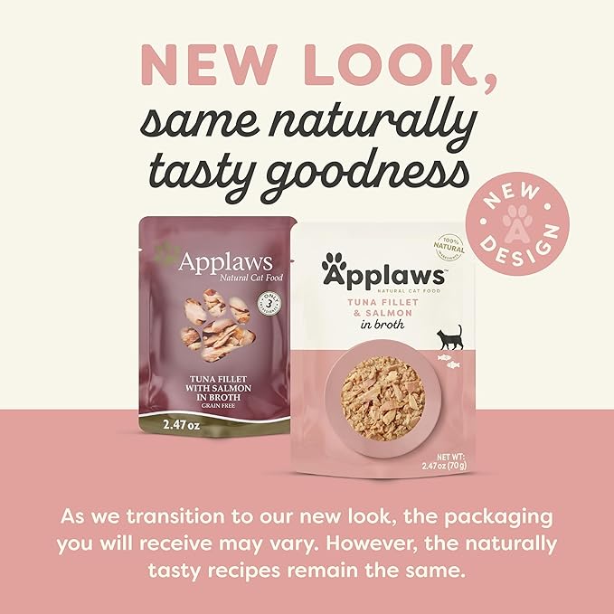 Applaws Natural Wet Cat Food in Broth, Limited and Natural Ingredients, High Protein with No Artificial Additives, Tuna Fillet & Salmon in Broth (12 x 2.47oz Pouches)