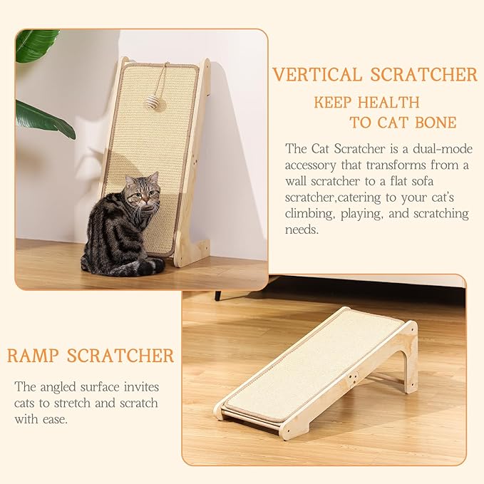 L-Shaped Cat Scratcher Ramp with Sisal Pad & Ball Toy - Furniture Protector