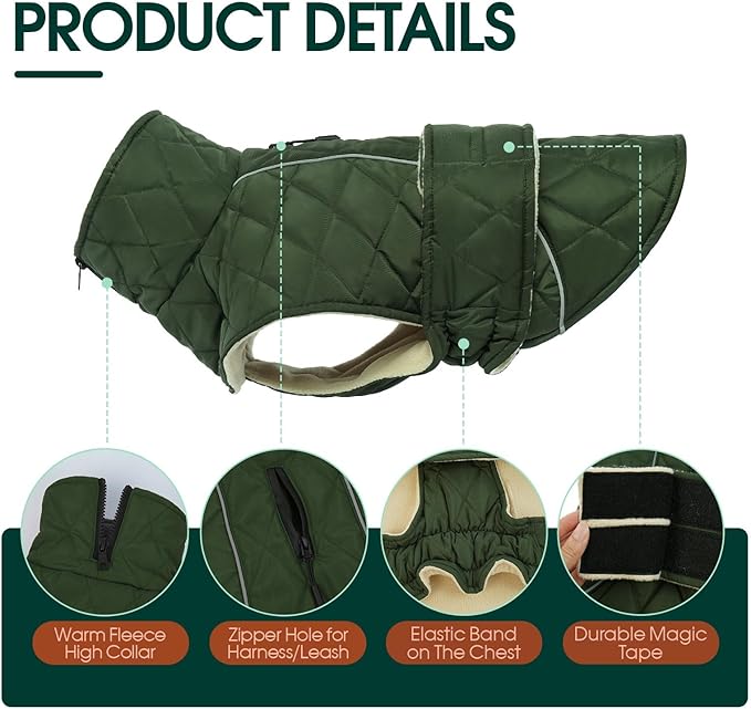 Kuoser Dog Coat Thermal Fleece Lined Dog Jacket, Adjustable Hook & Loop Dogs Coats for Medium Dogs Windproof Reflective Puppy Snow Jackets Pet Cold Weather Clothes with Harness Hole, Green, M