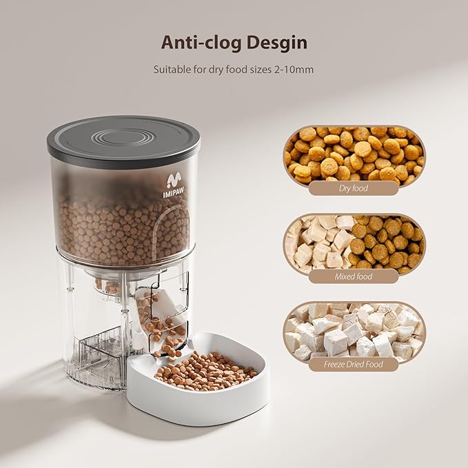 IMIPAW Automatic Cat Feeder, 3L Timed Dry Food Dispenser with Desiccant, Programmable Portion Control, Dual Power Backup, 10 Meals Daily, 15 Portions Per Meal, Suitable for Small Pets, Easy Setup