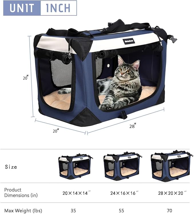Collapsible Dog Travel Crate,Portable Soft-Sided Pet Carrier Extra Large Cat Carrier with Soft Plush Plush Mat for Indoor and Outdoor,28x20x20in,Navy Blue