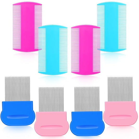 Maitys 8 Pieces Flea Lice Combs Double Sided Lice and Nit Removal Hair Grooming Plastic and Metal Comb for Humans Pets(3.5 x 2 Inch, 3.54 x 1.57 Inch,Pink, Blue)
