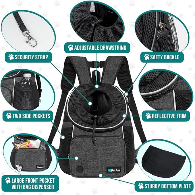 PetAmi Adjustable Dog & Cat Chest Carrier Backpack, Ventilated for Hiking & Camping, Small to Large Pets Up to 15 lbs, Dark Gray
