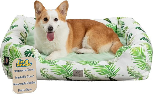 Furry's Paradise Foam Cuddler Pet Bed with Waterproof Liners, Reversible Cushion, Washable Cover, Recycled Fibers and Non-Slip Bottom. (in The Tropics, Orthopedic Small)