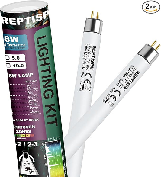 5.0 UVB Light for Reptiles, T5 HO 8 Watt Reptile Lamp Tube, Pack of 2 Fluorescent UVB Bulb, Basking Light for Bearded Dragon, Simulate Natural Sunlight for Reptiles and Amphibians