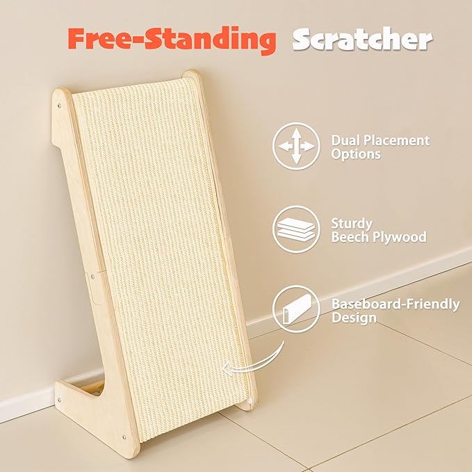 PETKARAY L Shape Cat Scratcher, Sisal Kitty Scratching Ramp, Vertical Scratch Pad for Indoor Cats, 25.3" Furniture Protector with Catnip, White
