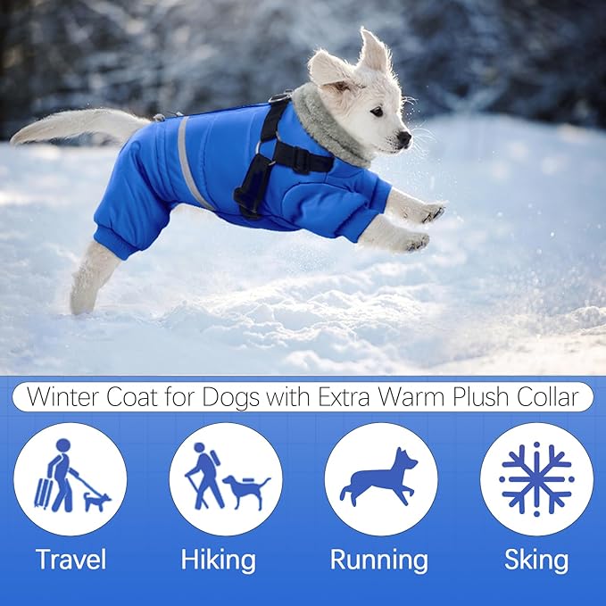 BRKURLEG Blue Dog Winter Coat, Cozy Winter Dog Jackets, Small Dogs Coat with Harness, Onesie Body Warm Puppy Christmas Jacket, Pet Reflective Cold Weather Jackets, Puppy Four-Legged Puffer Coats,L