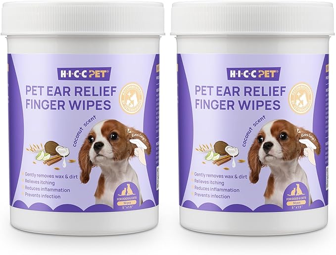 HICC PET Ear Cleaner Finger Wipes for Dogs & Cats, Vet-Recommended Dog Ear Infection Treatment to Relief Itching & Inflammation, Remove Wax, Dirt & Stop Smelly, Non-Irritating-100ct(Coconut Scent)