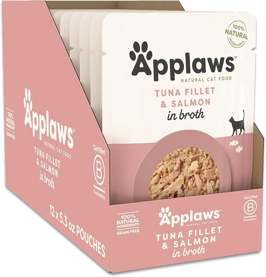 Applaws Natural Wet Cat Food in Broth, Limited and Natural Ingredients, High Protein with No Artificial Additives, Tuna Fillet & Salmon in Broth (12 x 5.3oz Pouches)