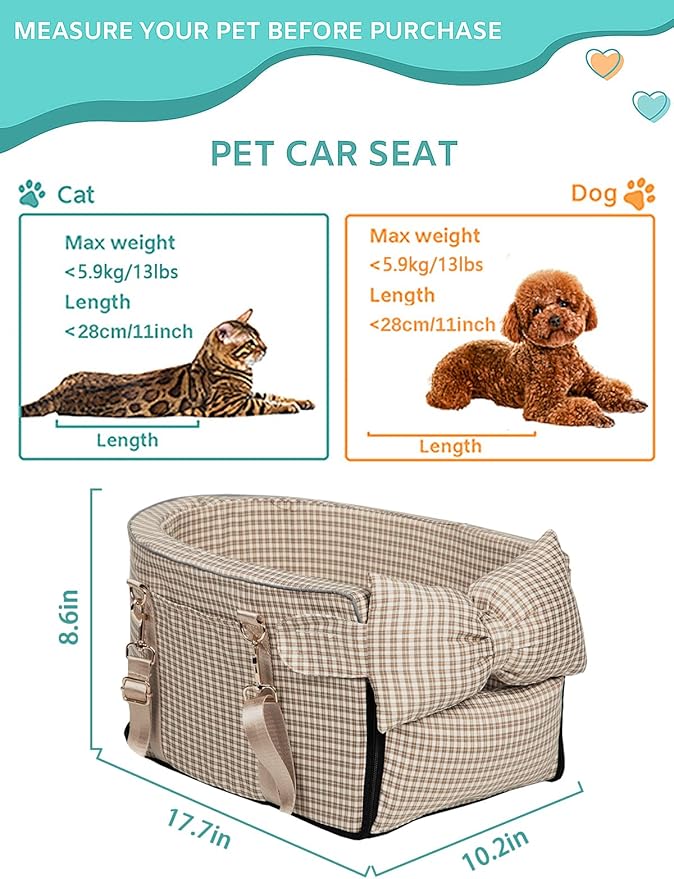 Dog Car Seat for Small Dogs,Center Console Seat for Puppy,Anti-Collapse Pet Car Seat with Soft Cushion Safety Belt, Portable Car Armrest Seat for Dog & Cat Under 15 lbs (Grid-Brown)
