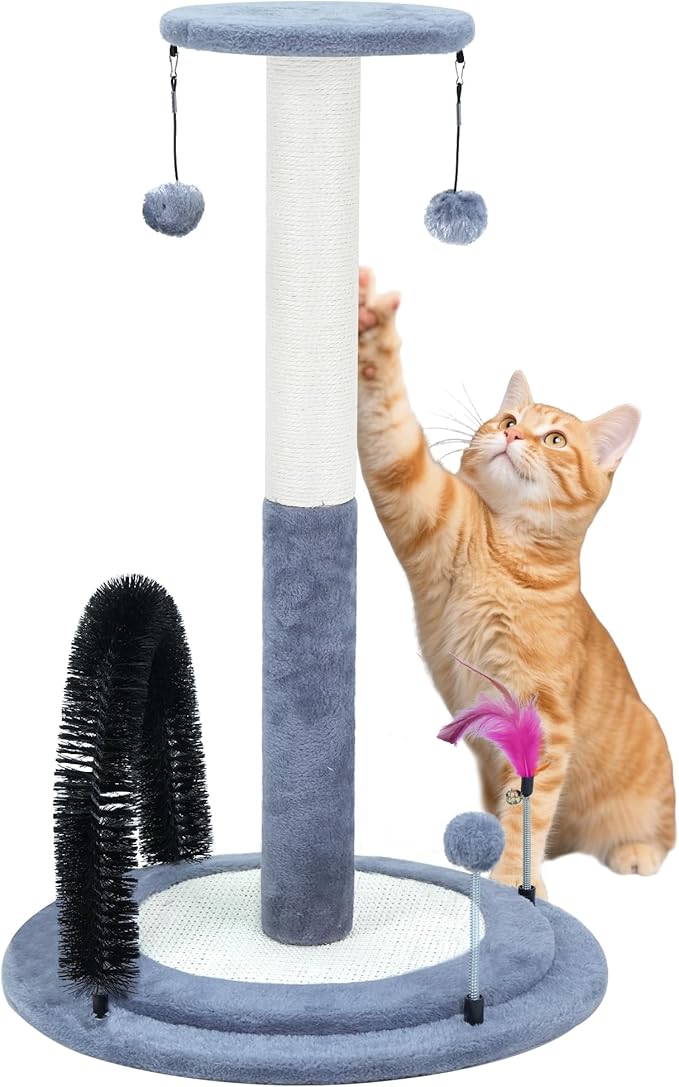 ROYPET Multifunctional Cat Scratching Posts for Indoor Kittens,Cat Scratching Posts for Play and Activity,Scratching Posts with Feather Toys and Self-Grooming Brush,Grey