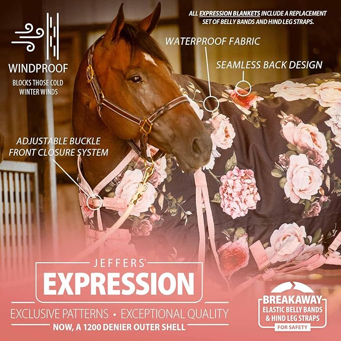 Jeffers Expression 1200 Denier Standard Neck Turnout Blanket, Rose Garden, 84" - Waterproof, Breathable Horse Blanket with 0g Polyfill, No insulation - Ideal Protection for Wind and Rain, Light Weight