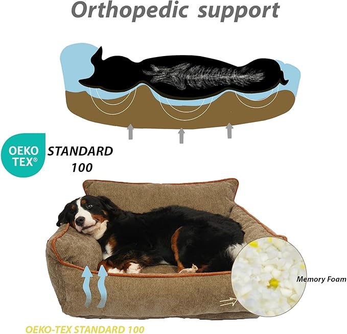 Small Orthopedic Dog Sofa Bed with Sides, Carry Handle & Side Pockets .Plush Chenille Orthopedic Pet Bed Couch for Small Breed Dogs & Cats .Portable Snuggler for Indoor Use, Travel & Recovery