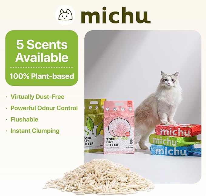 Michu Tofu Cat Litter Natural Clumping Tofu Cat Litter, Fast Clumping and Easily Scoop-able 5.5lb/88oz 5 Scents - Peach, 6 Pack
