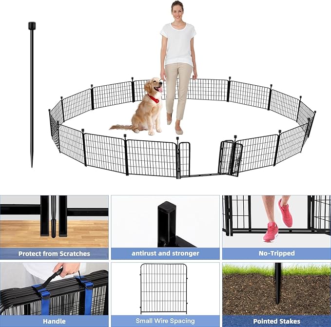 ADAVIN 24 in(H) Garden Fence with Gate, 14 Panels Heavy Duty Iron Metal Animal Barrier Fence, Camping Fence, Garden Fences and Borders for Dogs,Total 34.5 Ft(L), Black