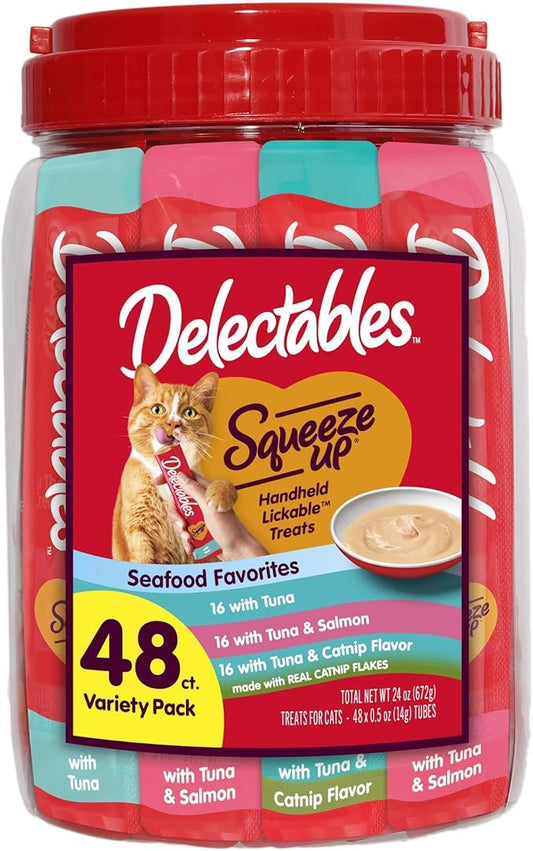New! Delectables Squeeze Up Tuna Variety Pack, Creamy Squeezable Puree, Lickable Wet Cat Treats, Grain-Free, No Added Fillers, 0.5 Ounces Tube, 48 Tubes Total