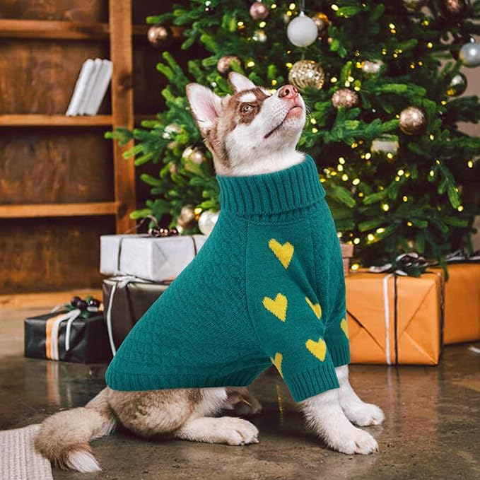 Kuoser Dog Sweater,Warm Dog Sweaters for Medium Dogs,Turtleneck Knitted Dogs Sweater Christmas Outfit,Cold Weather Pet Winter Clothes Doggie Pullover Girls Boys for Fall Xmas,Green M